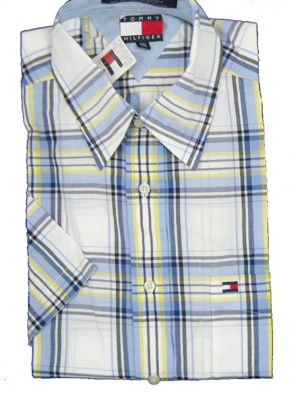 NEW Vintage Tommy Hilfiger Button Front Shirt! White & Blue Plaid Short Sleeved